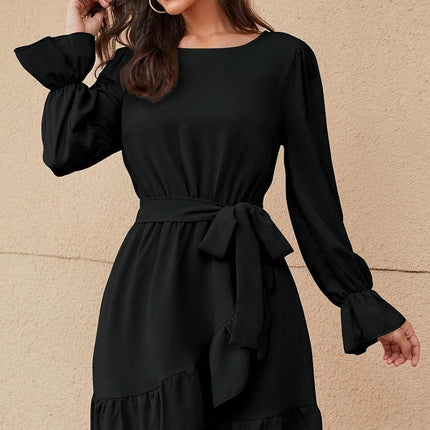 Women Flowy Long Sleeve Crew Neck Ruffles Mini Short Dress Bell Sleeve Solid Color with Belt (Black, Medium)