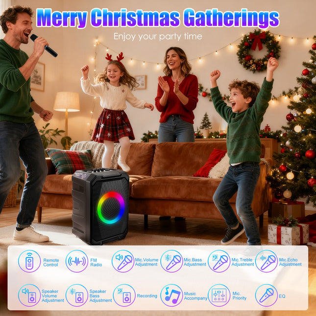 1Pc Portable Wireless Party Speaker With LED Light 2 Wireless Mics Remote Control TWS Music Accompany Mic. Priority Bass Echo Mic Treble Guitar In