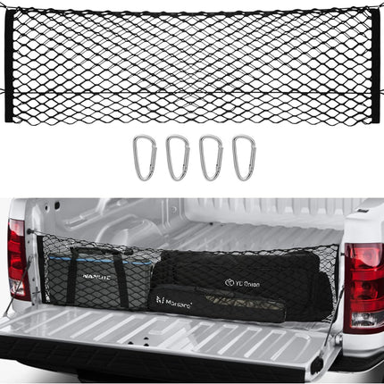 Pickup Truck Cargo Net, Envelope Style Trunk Organizers and Storage Net with 4 Metal Hooks, Fit for Silverado 2013-2022, GMC Sierra 2013-2022 and F150 2015-2022