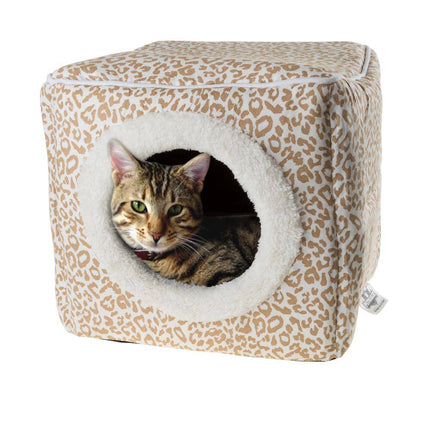 Small Tan/White Animal Print Cozy Cave Pet Cube