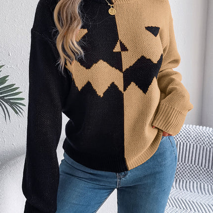 Halloween Contrast-color Pullover Sweater Fashion Long Sleeve Knitted Tops For Womens Clothing