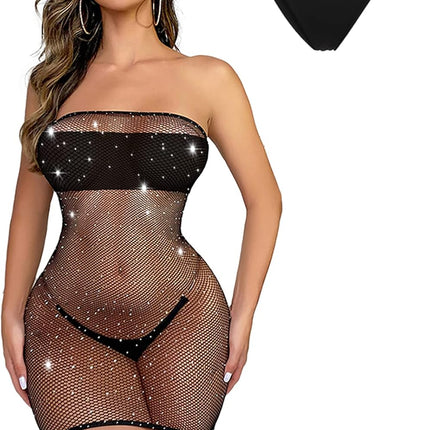 Women'S Sexy Fishnet Bodysuit Rhinestone Mesh Dress Hole Strap Stretch Chemise Nightwear