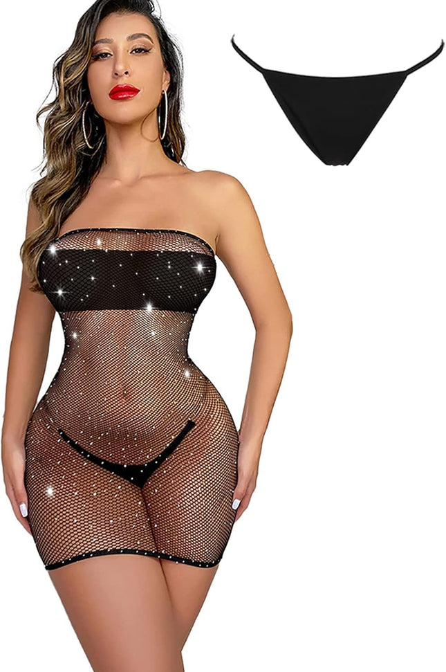 Women'S Sexy Fishnet Bodysuit Rhinestone Mesh Dress Hole Strap Stretch Chemise Nightwear