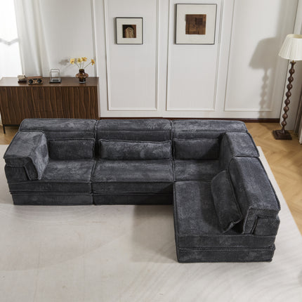 Compression Mahjong Sofa,Convertible Floor Sofa Bed,DIY Boneless Modular Sectional Sofa,No Assembly Required,Circle Fleece Fabric,Oversized 4 Seater With 4 Pillows,Dark-grey