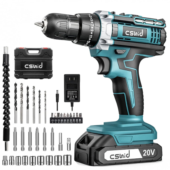 20V Cordless Power Drill Set, Drill Kit with 1 Lithium-Ion & Charger, 3/8" Keyless Chuck, Electric Drill W/ 2 Variable Speed & LED Light, 25+1 Position and 34Pcs Drill/Driver Bits(Blue)