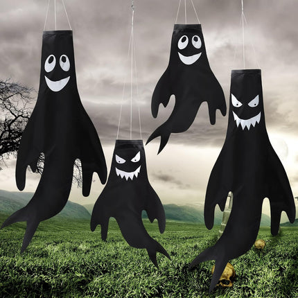 4 Pieces 43 Inch 18 Inch Halloween Ghost Decorations Halloween Ghost Windsocks Halloween Decorations for Home Halloween Decor Halloween Decorations outside for Party Supplies (Black Background)