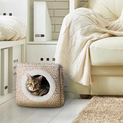 Small Tan/White Animal Print Cozy Cave Pet Cube