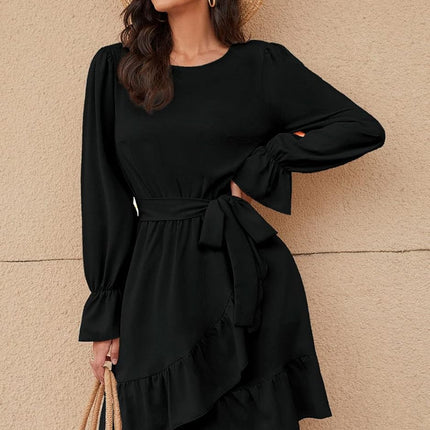 Women Flowy Long Sleeve Crew Neck Ruffles Mini Short Dress Bell Sleeve Solid Color with Belt (Black, Medium)