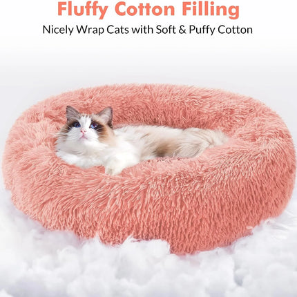 Cat Beds for Indoor Cats, 20 Inches Cat Bed Machine Washable, Fluffy round Pet Bed Non-Slip, Calming Soft Plush Donut Cuddler Cushion Self Warming for Small Dogs Kittens, Light Pink